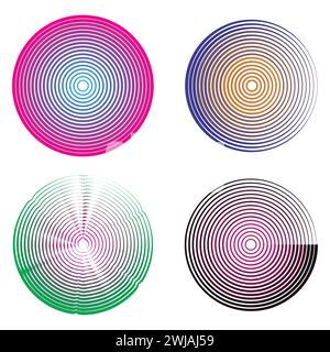 Concentric circle elements, spaced concentric circle, rings sound wave, line in a circle concept, black circular pattern. Stock Vector