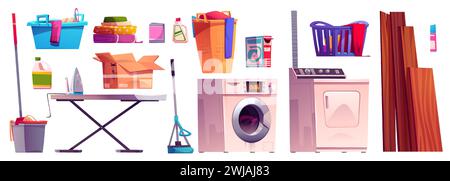 Laundry room equipment set isolated on white background. Vector cartoon illustration of washing machine, automatic dryer, iron board, detergents in bottles, mop and bucket, baskets with dirty clothes Stock Vector