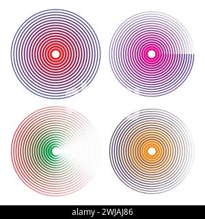 Concentric circle elements, spaced concentric circle, rings sound wave, line in a circle concept, black circular pattern. Stock Vector