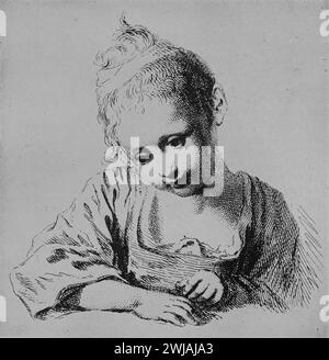 Study of a child's head and hands by French Artist, Jean-Antoine Watteau: Black and White Illustration from the Connoisseur, an Illustrated Magazine for Collectors Voll 3 (May-Aug 1902) published in London. Stock Photo