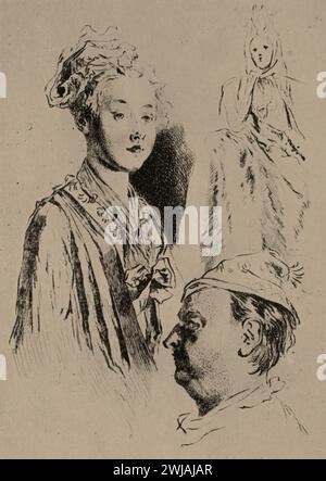 Study of Heads. Le Sieur Girois and his Beautiful Maid Servant by French Artist, Jean-Antoine Watteau: Black and White Illustration from the Connoisseur, an Illustrated Magazine for Collectors Voll 3 (May-Aug 1902) published in London. Stock Photo