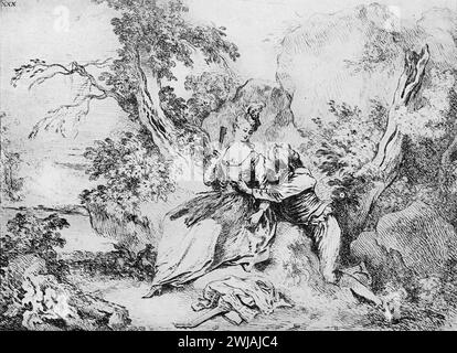 Drawings of 'A Pastoral' by French Artist, Jean-Antoine Watteau: Black and White Illustration from the Connoisseur, an Illustrated Magazine for Collectors Voll 3 (May-Aug 1902) published in London. Stock Photo