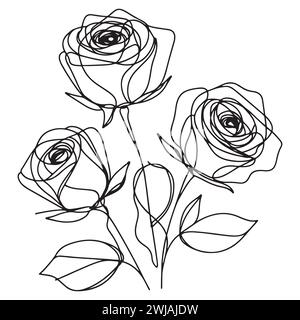 Minimalist and elegant design depicting three roses in line sketch style. The flower arrangement is made in black and white colors. Stock Vector