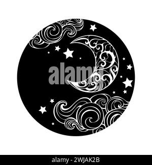 Round, silhouette, monogram with an artistically drawn crescent, clouds and stars on white background. Patterned crescent. Stock Vector