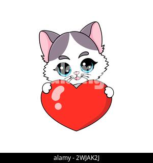 Cute kitten holds a red heart in its paws. Isolated image on a white background. For the design of Valentine's cards, prints, posters, stickers, cards Stock Vector