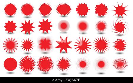 Starburst set red color, sun ray frames, sunburst badges, retro stars, sale or discount stickers. Stock Vector