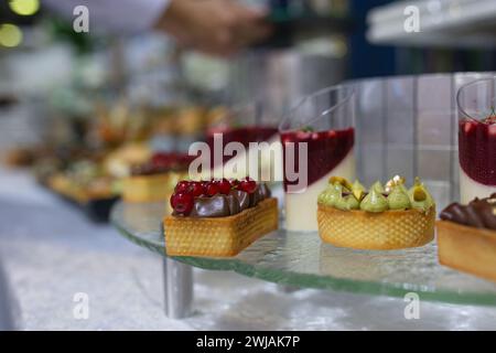 Variety of sweet and savory canapes and desserts displayed on glass shelf. Canapes topped with ingredients like caviar, salmon, and vegetables. Desser Stock Photo