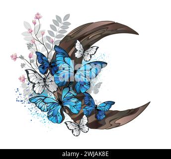 Blue morpho butterflies with detailed wings sit on wooden crescent decorated with wild plants on white background. Blue butterflies morpho. Stock Vector