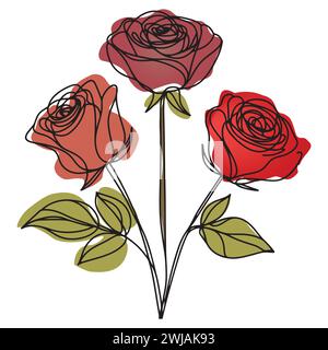 A minimalist depiction featuring three roses, intricately outlined in black ink and delicately filled with watercolor hues of vibrant red and lush gre Stock Vector