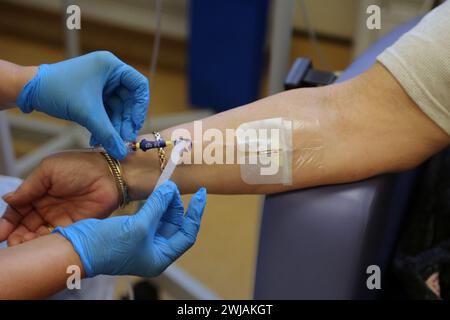 Nurse Inserting a Cannula into Patient Ready to Administer Ferinject Iron Infusion Intravenously At Hospital Surrey England Stock Photo