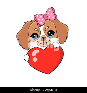 A cute little puppy with a bow holds a red heart in his paws. Isolated image on a white background. For the design of valentines, cards, congratulatio Stock Vector