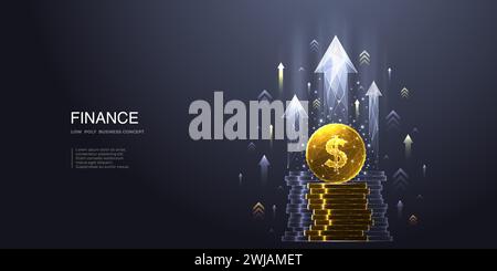 Abstract digital gold dollar coin, money stack with growth arrows up. Stock Vector