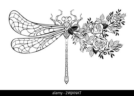 Contour, stylized, asymmetrical dragonfly, decorated with blooming roses and pistachio branches on white background. Coloring. Stock Vector