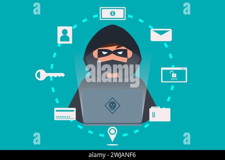 Hacker or Cyber criminal with laptop stealing user personal data. Internet phishing concept vector illustration. Stock Vector