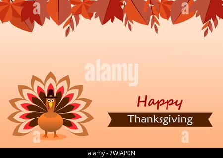 Celebration of Thanksgiving Day with turkey bird and autumn leaves. Happy Thanksgiving Day Greeting Card design. Stock Vector