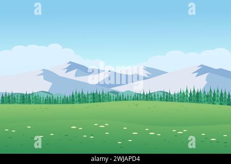 Panorama of spring summer beautiful nature, green grasslands meadow, forest, and mountains on horizon background landscape vector illustration Stock Vector