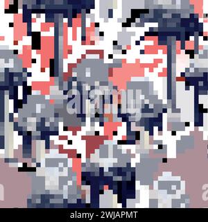 Seamless pattern of gray, artistically drawn, ink mushrooms on moss glade with red autumn, textured leaves on white background. Autumn design with mus Stock Vector