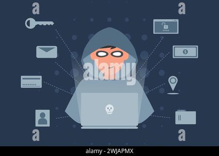 Hacker or Cyber criminal with laptop stealing user personal data. Internet phishing concept vector illustration. Stock Vector