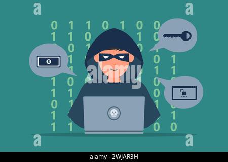 Hacker or Cyber criminal with laptop stealing user personal data. Internet phishing concept vector illustration. Stock Vector