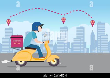 Delivery service scooter man vector illustration with buildings in background. Stock Vector