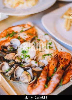Grilled seafood in a Mediterranean restaurant Stock Photo