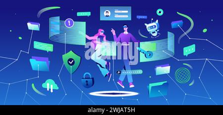 Metaverse cybersecurity. Flat people in VR headset glasses and ai robot solve problem of data privacy. Data protection. Characters floating in futuristic space and reducing risk of cyberattacks. Stock Vector
