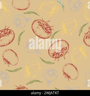 Vector food seamless pattern. Art line , fresh vegetables background for menu, restaurant cafe design. Vegan eating habits, healthy food :red tomato, Stock Vector