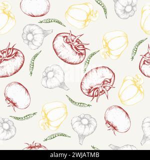 Vector food seamless pattern. Art line , fresh vegetables background for menu, restaurant cafe design. Vegan eating habits, healthy food :red tomato, Stock Vector