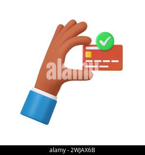 3D cartoon hand of businessman holds debit or credit card with green check mark. Concept of contactless payment or online shopping and online banking. Stock Vector
