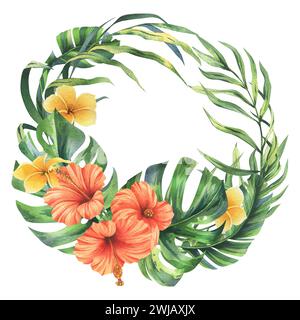 Tropical palm leaves, monstera and flowers of hibiscus, frangipani bright juicy. Hand drawn watercolor botanical illustration. template, frame, wreath Stock Photo