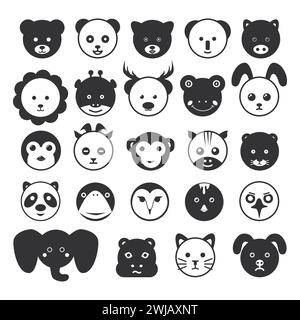 Collection of Black Silhouettes of Cute Animal Heads. Bear, Panda, Pig, Elephant, Eagle, Penguin, Monkey, Zebra, Chicken, Owl, Cat, Frog. Stock Vector