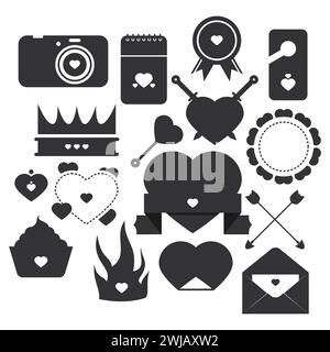Valentine Icon Outline Collection. Camera, Calendar, Tag, Medal, Sword, Cupcake, Fire, Envelope, Heart. Stock Vector