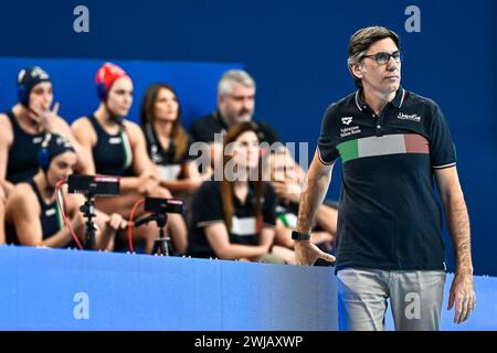 Doha, Qatar. 14th Feb, 2024. Carlo Silipo head coach of team Italy during the water polo women match between team The Netherlands (white caps) and team Italy (blue caps) of the 21st World Aquatics Championships at the Aspire Dome in Doha (Qatar), February 14, 2024. Credit: Insidefoto di andrea staccioli/Alamy Live News Stock Photo