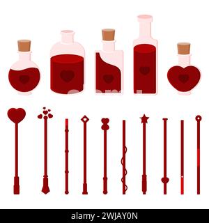 Collection of Love Potions and Red Magic Wands for Valentine's Day. Magic and Love Formula. Stock Vector