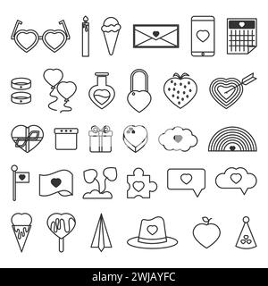 Outline Collection of Valentine Element Icons. Black Strokes include Glasses, Candles, Ice Cream, Envelopes, Cell Phones, Calendars, Rings, Balloons. Stock Vector
