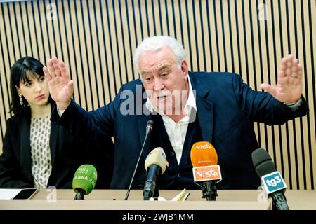 Foto Mauro Scrobogna/LaPresse 14-02-2024 Roma (Italia) - Politica - Presentazione del programma 'Pace Terra Dignit&#xe0;' per le Europee di giugno 2024 con Michele Santoro - Nella foto: il giornalista Michele Santoro presenta il programma del suo movimento Pace Terra e Dignit&#xe0; in vista della presentazione di 7na lista per le prossime consultazioni europee February 14, 2024 Rome (Italy)- Politics - Presentation of the 'Peace Earth Dignity' program for the European elections in June 2024 with Michele Santoro - In the photo: the journalist Michele Santoro presents the program of his Peace Stock Photo