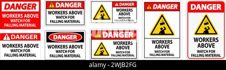 Danger Sign, Workers Above Watch For Falling Material Stock Vector