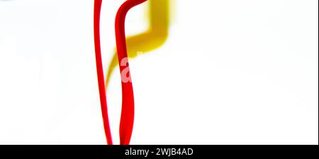 Colors dropped into liquid and photographed while in motion on white background. Color drop. Selective focus. Stock Photo