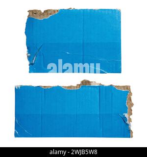 Torn blue rectangular cardboard paper on white background with clipping path Stock Photo