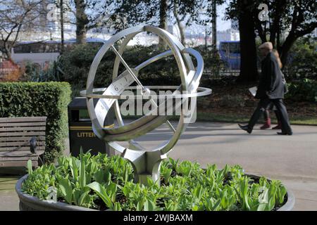 The Richard D'Oyly Carte Monument - a modern armillary sundial in Victoria Embankment Gardens behind the Savoy Hotel, London. Stock Photo