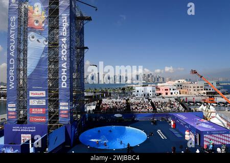 Doha, Qatar. 14th Feb, 2024. A general view of the high diving venue during the 21st World Aquatics Championships at the Old Doha Port in Doha (Qatar), February 14, 2024. Credit: Insidefoto di andrea staccioli/Alamy Live News Stock Photo