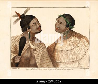 " A New Zealand Warrior, & his Wife, in the Dress &c, of that Country". Engraving From “A journal of a voyage to the South Seas : in His Majesty's ship, the Endeavour” from the papers of Sydney Parkinson, embellished with views and designs, delineated by the Author, and engraved by capital artists.  1773 Stock Photo