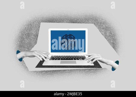 Collage 3d image of pinup pop retro sketch of computer netbook fingerprint password weird freak bizarre unusual fantasy billboard Stock Photo