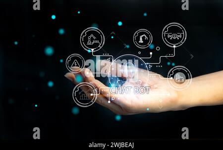 The concept of using Chatbots helps in interacting with workers. Stock Photo