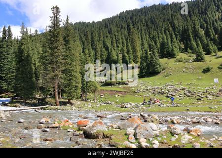 August 31 2023 - Semyonovka, Kyrchyn Valley in Kyrgyzstan: People enjoy the nature in the north of Kyrgyzstan mountains Stock Photo