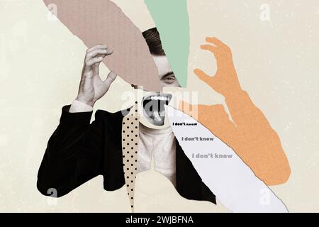 Creative weird absurd collage of angry man yell loud not know decision solution problem Stock Photo