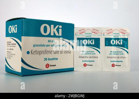 OKI medicine with a solution of the ketoprofen lysine salt. Oki is a brand of Dompé Farmaceutici S.p.A. - Italy Stock Photo