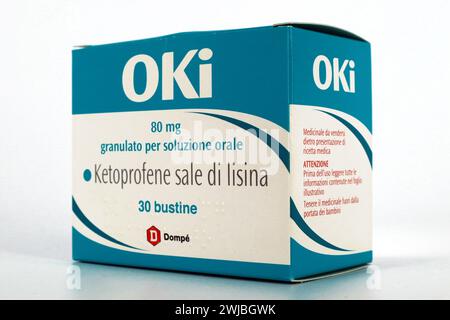 OKI medicine with a solution of the ketoprofen lysine salt. Oki is a brand of Dompé Farmaceutici S.p.A. - Italy Stock Photo