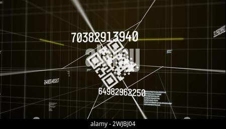 Digital image of qr code scanner and changing numbers over grid network against brown background Stock Photo
