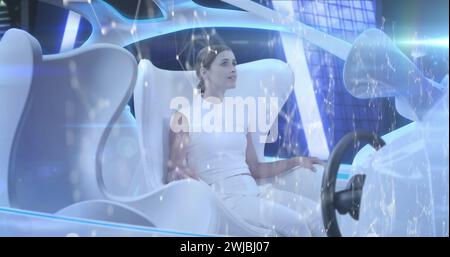 Woman in self-driving car navigates city with futuristic network technology. Stock Photo